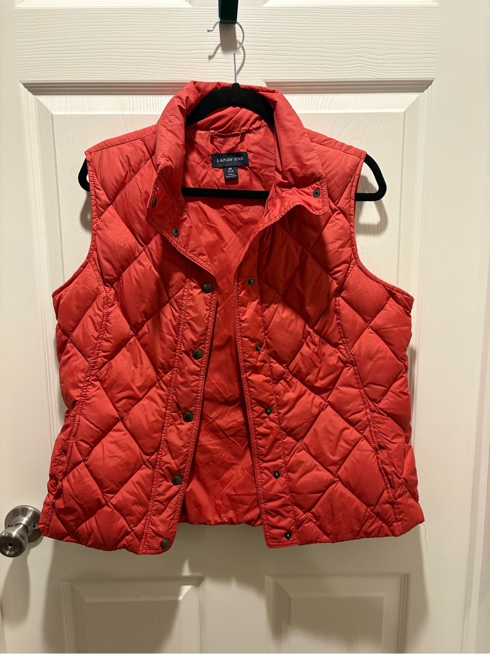 Lands' End Women's Quilted Down Coral-Red Puffer Vest Snap Front